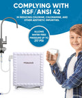 Straight Up Clean Drinking Water With This Slim Tankless Under Counter Filter System Using 5 Stage Filtration To Knock Out Chlorine And Funky Tastes Comes Ready With Chrome Faucet, featuring a boy holding a glass of filtered water.