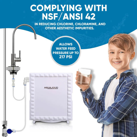 Straight Up Clean Drinking Water With This Slim Tankless Under Counter Filter System Using 5 Stage Filtration To Knock Out Chlorine And Funky Tastes Comes Ready With Chrome Faucet, featuring a boy holding a glass of filtered water.