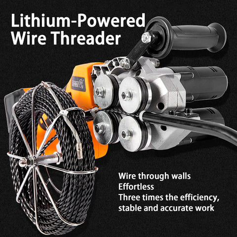 Automatic Electric Wire Puller And Stringing Machine With Slick Variable Speed Control And No Sweat 360 Flex Head For Tough Electrical Or Pipe Threading Tasks On Site Featuring Solid 10000 Mah Battery, close-up view showing wire threader, motor, and cable.