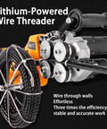 Gutsy FourWheel Electrician Wire Puller Featuring Sweet Infinite Speed Tweaks And Flexible Head Geometry For Dead Simple Pipe Cable Runs Comes Loaded With Dual Batteries, showcasing lithium-powered motor with wire spool.