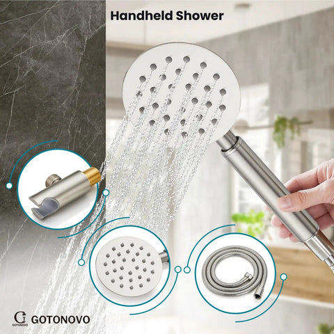 Rainfall Shower System With 10 Inch Round Showerhead And Handheld High Pressure Faucet Set Brushed Nickel Finish Includes Rough In Valve And SUS 304 Stainless Steel Construction For Durable No Fuss Easy Install Showcasing Handheld Shower Feature