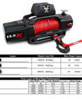 Heavy Duty 13500 Lb Electric Winch With Synthetic Rope Harness And Wireless Remote Control detailed view showcasing specs and features.