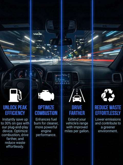 Ultimate Car Fuel Saver Device For Cars And Trucks, Portable Plug In Gas Economizer visual benefits inside vehicle display.