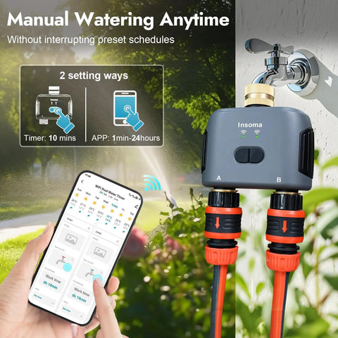 Smart Water Timer For Garden Hose With Brass Inlet And Outlet, WiFi Hub Enabled Hose Controller, Smartphone App, Lawn Care