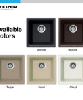 Houzer E-100 Midnite Quartztone Bar Sink Dual Mount 13x13 Inch Single Bowl Black, Mocha, Taupe, Sand, Cloud color options