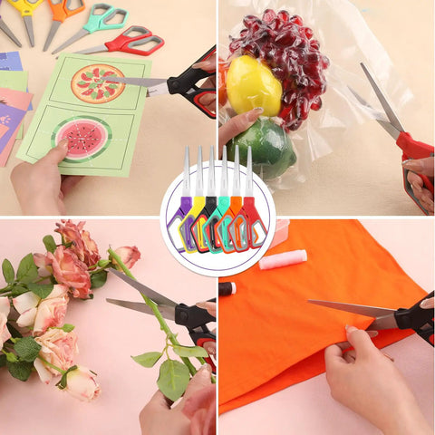 18 Pack 8 Inch All Purpose Heavy Duty Scissors For Office And School With Colorful Rubber Handles In Purple Green Yellow Orange Red Black Sharp Durable Blades For Precise Clean Cuts Great For Crafts Paperwork And Homework used on paper, fabric, flowers, and plastic