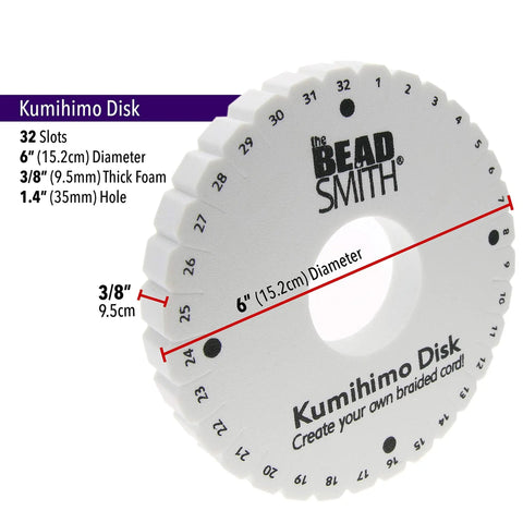 Side view of Round Kumihimo Disk Set For Jewelry Making, 6 Inch Diameter Dense Foam, Three-Eighth Inch Thick with measurements.