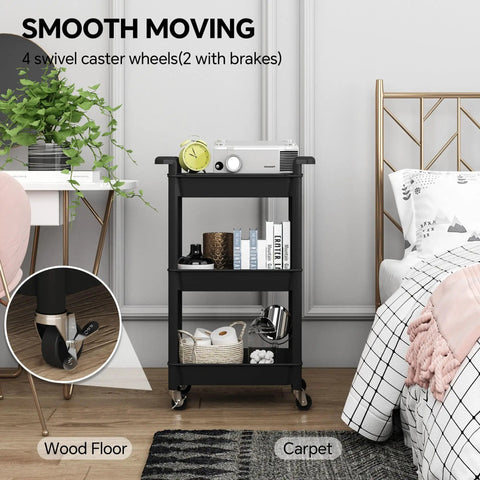 Three Tier Rolling Cart With Lockable Casters And Covered Top Board Great For Kitchen Office Bathroom Garden Or Laundry Room Mobile Storage Trolley That Keeps Your Stuff Easy To Access On The Go, black, shown in bedroom setting.
