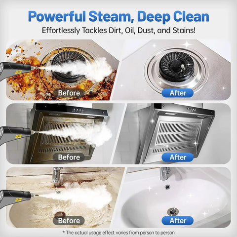 Powerful 1500W High Pressure Steam Cleaner With 6 Adjustable Levels cleaning kitchen stove, range hood, and bathroom sink.