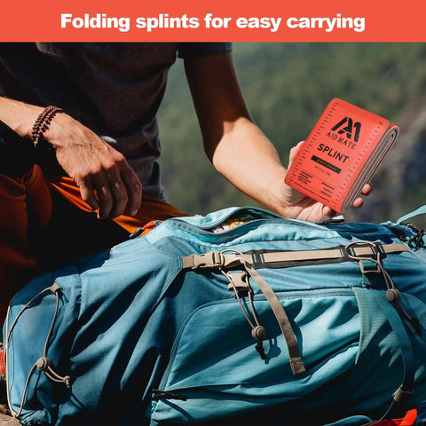 Person holding Go To First Aid Splint Kit with four sizes of malleable splints and two medical tapes, pouch visible with backpack