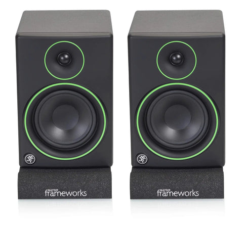 Pair of 5-inch monitors on small studio monitor isolation pads with removable angled inserts for 5 inch monitors foam speaker cushions.