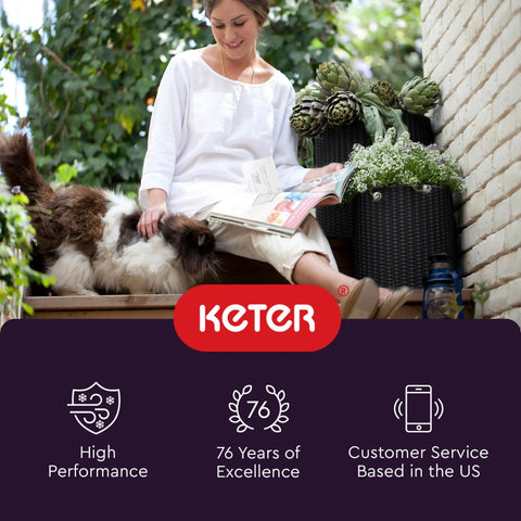 Woman sitting near Keter planter with plants, accompanied by a dog on patio, highlighting use of Three Sizes Rattan Resin Planter Set in black.