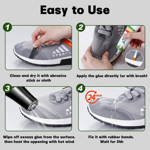 Heavy Duty Shoe Repair Glue For Sneakers And Boots Waterproof Clear Flexible Adhesive That Bonds Ultra Strong And Will Not Crack Or Peel Dries Clear For Long Lasting Sole Repairs in use.