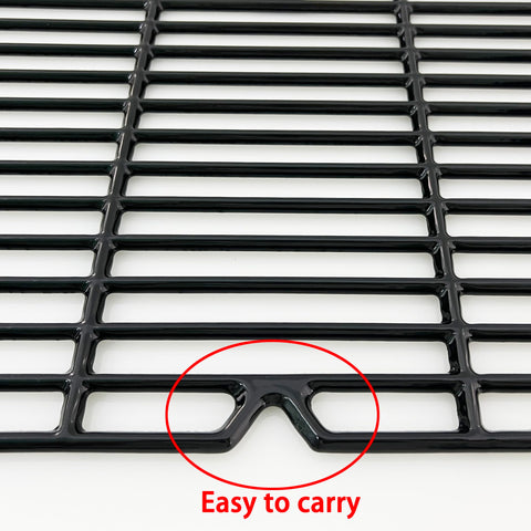 Premium Porcelain Coated Cast Iron Cooking Grates Set Of Two Twelve And Three Eighths By Nineteen And One Quarter Inches with handle for easy carrying.