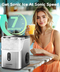 Countertop Nugget Ice Maker With Self Cleaning Function, Sonic Pebble Ice Machine In Kitchen With Woman Holding Drink