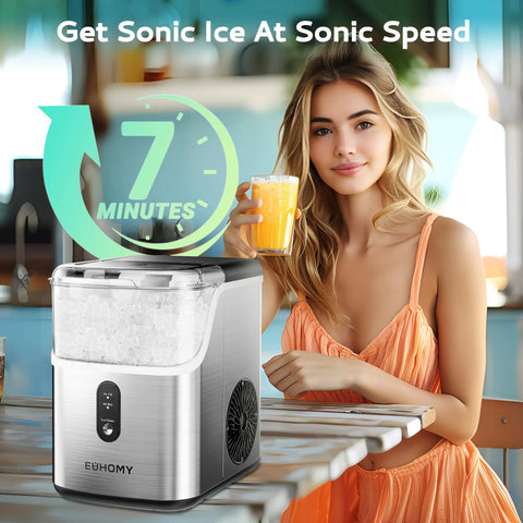 Countertop Nugget Ice Maker With Self Cleaning Function, Sonic Pebble Ice Machine In Kitchen With Woman Holding Drink