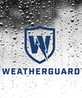WeatherGuard logo with blue shield and lightning bolt on water drop background
