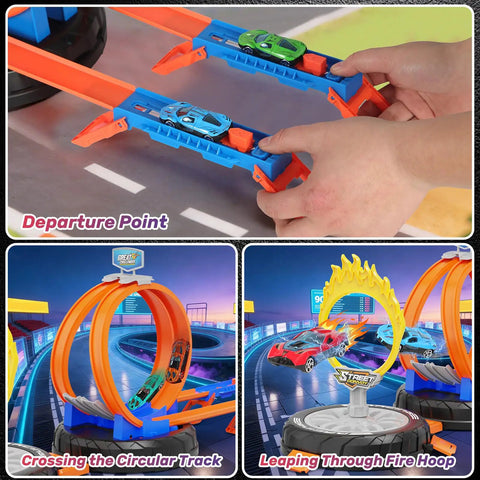 Rad Transforming Stunt Tire Race Track Kit for Kids 4 to 8 with open play and closed tracks, showing spiral loop and fire hoop.
