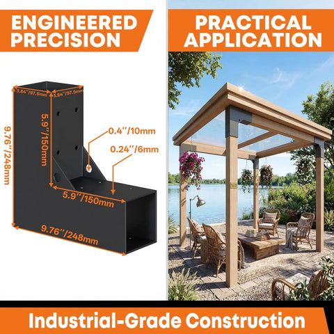 4 Pack Pergola Bracket Kit Sets, 2-Way L Shaped Corner Brackets For 3.5 By 3.5 Inch Wood Posts shown with installation on a wooden gazebo
