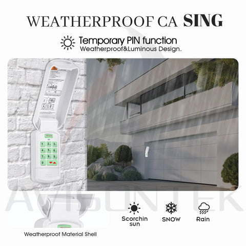 Weatherproof wireless garage door keypad, easy PIN access, durable white casing, and sleek design for home entry.