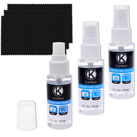 Front view of CamKIX camera lens cleaning kit with three 1 oz spray bottles and three black microfiber cloths.