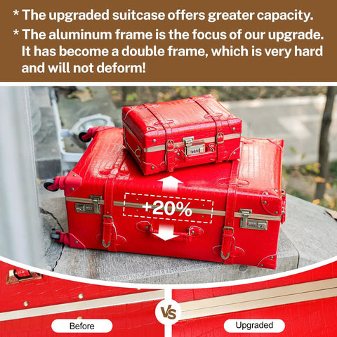 Vintage Inspired 3-Piece Luggage Set With Hardside Red Crocodile-Embossed Finish showing size upgrade details