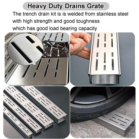 Outdoor Trench Drainage Kit For Pathways Courtyards Lawns And Driveways With Easy Install Grate System And Hidden Channel For Fast Water Removal And Debris Free Flow Ideal French Drain Style Yard Drainage showcasing stainless steel grates.