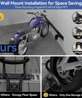 Heavy Duty E Track Motorcycle Wheel Chock installed in garage with multi-angle mounting for dirt bikes, fits 2 to 6 inch tires