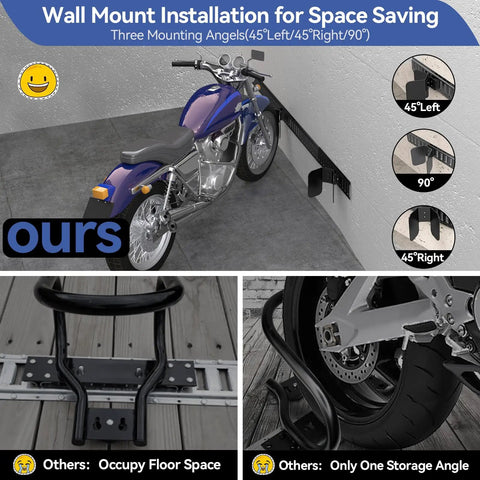 Heavy Duty E Track Motorcycle Wheel Chock installed in garage with multi-angle mounting for dirt bikes, fits 2 to 6 inch tires