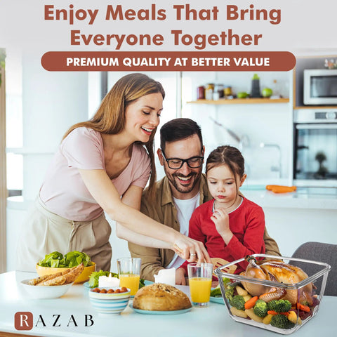 Family dining with Gigantic 17 Cup Glass Food Storage With Lids Leakproof BPA Free Mega Meal Prep Container on table.