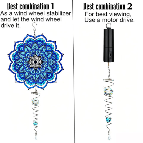 Spiral Tail Wind Spinner Gazing Ball For Indoor Outdoor Decor, 13 Inch Light Blue Crystal Glass Ball With Stainless Steel Frame, Hanging Swivel Hook
