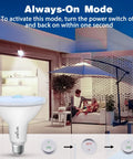 Motion Sensor Outdoor Flood Lights For Porch And Driveway Dusk To Dawn Security LED Bulbs 5000K Daylight 1500LM Waterproof PAR38 E26 Base Indoor Outdoor Use 4 Pack 4th Gen Pro, always-on mode