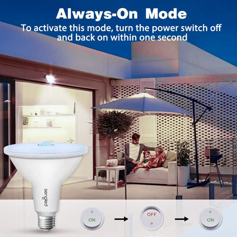 Boss Outdoor Motion Sensor Flood Light 5000K Daylight LED in patio setting with people relaxed under dusk to dawn security light.