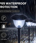 Eight Pack Solar Walkway Lights with Patterned Glass and Metal Finish showing IP65 waterproof feature