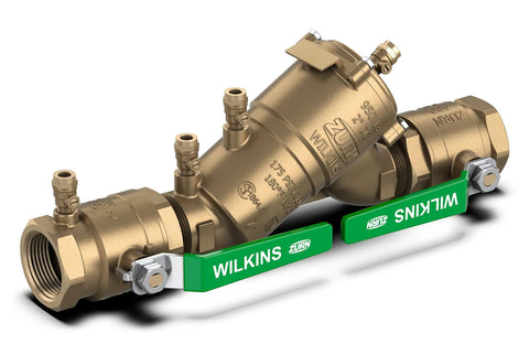 2 Inch Double Check Backflow Preventer With Union Ball Valves EZSWAP Modular Check Top Access Compact Bronze Unit For 2 Inch Piping Easy Install Quick Repairs Test Ports Centerline Pro Grade Water Safety Valve For Home Or Trade, angled view