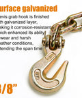3/8 Inch Clevis Grab Hook Set, Heavy Duty Forged Steel Rigging Hooks, attached to chain, surface galvanized, yellow zinc finish