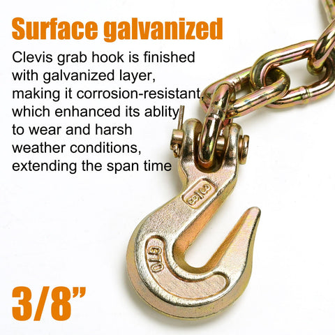 3/8 Inch Clevis Grab Hook Set, Heavy Duty Forged Steel Rigging Hooks, attached to chain, surface galvanized, yellow zinc finish