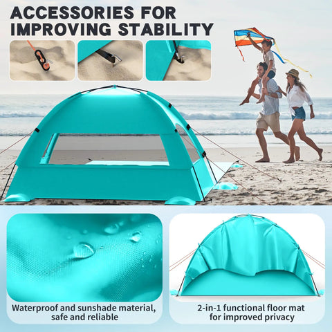 Family Size Beach Sun Shelter With 114 By 82 Inch Extended Mat For 3 To 6 People, UPF 50 Plus UV Protection on beach with canopy open