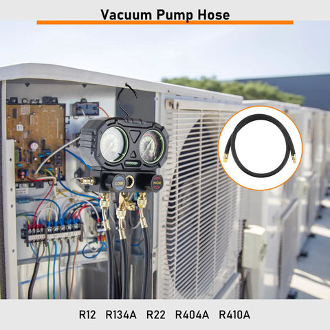 Heavy Duty Half Inch HVAC Vacuum Hose, 6 Ft Long, Fast Evacuation And Recovery, High Pressure Rated, Black Charge Hose with equipment