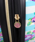 Close-up of Designer Underseat Luggage For Women, 15 Inch Hardside Carry On, floral hummingbird pattern zipper detail.