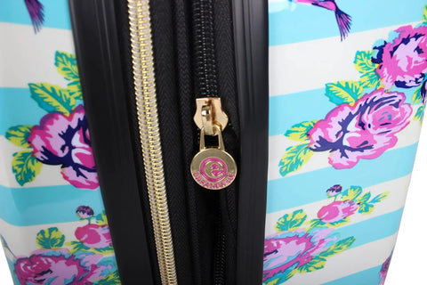 Close-up of Designer Underseat Luggage For Women, 15 Inch Hardside Carry On, floral hummingbird pattern zipper detail.