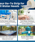 Fast 30 Second Water Hardness Test Strips For Home Use, 150 Strips, showing usage scenarios for kitchen, hot tub, well water.