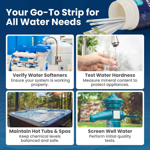 Fast 30 Second Water Hardness Test Strips For Home Use, 150 Strips, showing usage scenarios for kitchen, hot tub, well water.