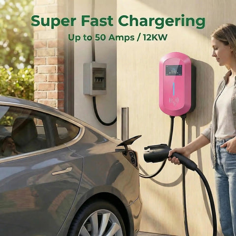 Level 2 Ev Charger To Smoothly Top Off Your EV Battery With 50Amp And 12Kw Raw Juice 240V Hardwired Hookup fully adjustable, 25 ft cord.