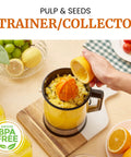 Elite Gourmet Citrus Juicer 1.2 L Capacity Black And Stainless Steel Electric Orange Lemon Squeezer With Dual Cones For Fresh Healthy Homemade Juice No Preservatives Or Sugar Additives Perfect For Family Morning Routine with strainer collecting pulp and seeds