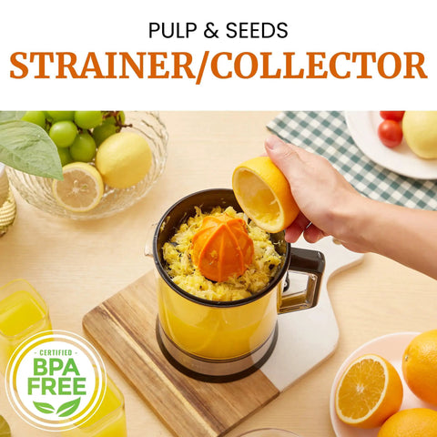 Elite Gourmet Citrus Juicer 1.2 L Capacity Black And Stainless Steel Electric Orange Lemon Squeezer With Dual Cones For Fresh Healthy Homemade Juice No Preservatives Or Sugar Additives Perfect For Family Morning Routine with strainer collecting pulp and seeds