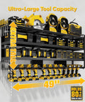 Heavy Duty Wall Mount Tool Organizer With Four Layer Drill Holder, showcasing 49-inch wide steel rack with tools and drills.