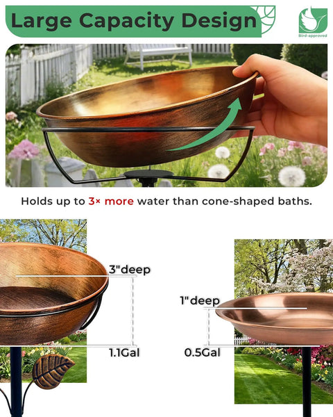 Rust Resistant Metal Bird Bath For Outside With 12 Inch Wide Bowl And 3 Inch Deep Water, 36 Inch Tall On Stable Five Prong Stake