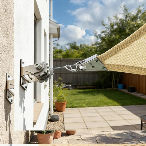 Installed Heavy Duty 20 by 24 Beige Sun Shade Sail With Super Ring Hardware UPF50 Plus UV Block for patio and commercial use