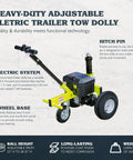 Tow Tuff Electric Trailer Dolly With 3500 Lb Capacity showing adjustable height, electric system, and durable wheels.